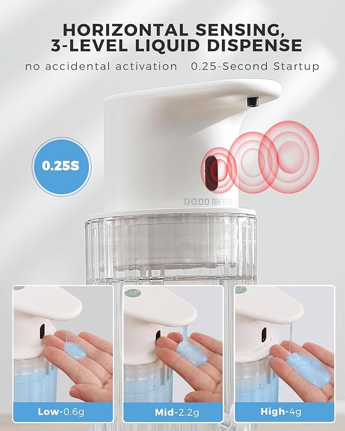 Automatic Liquid Soap Dispenser Touchless, 10oz/300ml Rechargeable, 3 Adjustable Liquid Levels, IPX5 Waterproof, for Kitchen Bathroom, White