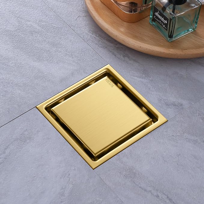 Hidden Brushed Square Shower Floor Drain, Gold 4 inch, 304 Stainless Steel, with Flange, Detachable Cover Embedded in Ceramic Tiles