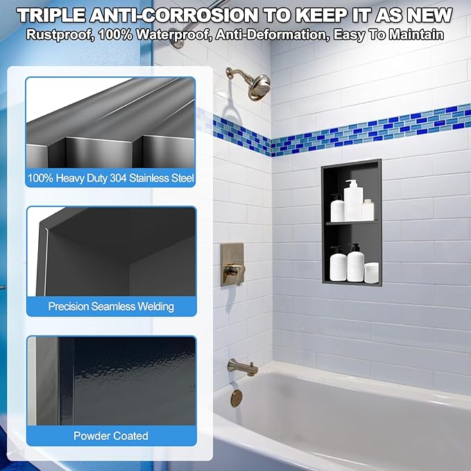 304 Stainless Steel Shower Niche Insert-Glossy Black 24 x 12" No Tile Needed Bathroom Niche for Shower Wall-Double Shelves Built in Shower Shelf-Waterproof Recessed Cabinet for Bathroom Living Room