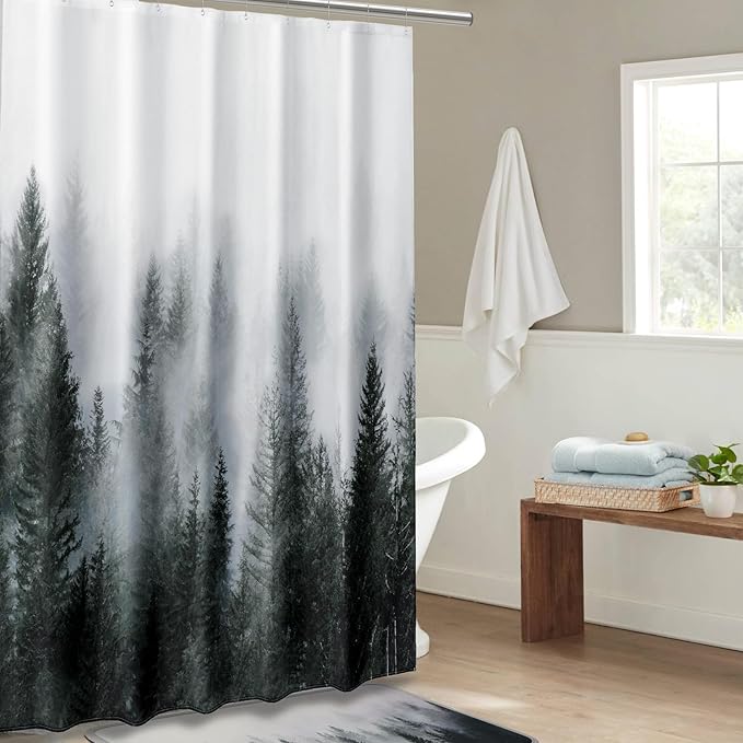 ORTIGIA 60x72 Misty Forest Stall Shower Curtain for Small Bathroom, Dark Green Narrow Nature Woodland Shower Curtain Set with Hooks, Waterproof Fabric Pine Tree Fog Magic Home Bath Curtain