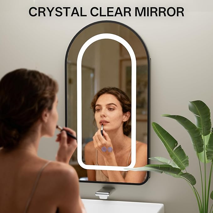 LED Arched Bathroom Medicine Cabinet with Mirror, No Assembly Needed, Recessed or Surface Mount Wall Storage Cabinet, Mirror Cabinet with Tissue Slot (Black-LED, 31.5" L x 19.7")