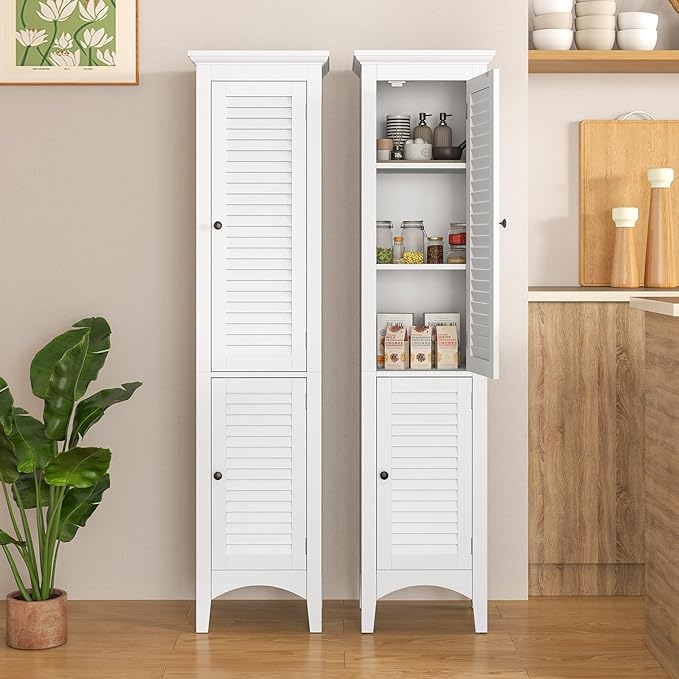 Tangkula 63" Tall Bathroom Storage Cabinet, Freestanding Narrow Linen Tower with Adjustable Shelf, Modern Slim Floor Cabinet with 2 Doors for Bathroom, Living Room, Kitchen (White)