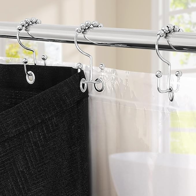 MitoVilla 3 in 1 Shower Curtain Set, Black Boho Farmhouse Linen Textured Bath Curtain and Clear PEVA Liner Set with 12 Double Sided Steel Hooks, Waterproof Fabric Hotel Bathroom Curtain - 72x72