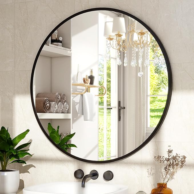 20 Inch Round Mirror - Circle Mirrors for Bathroom, Entryway and Living Room Wall Decor, Modern Hanging Vanity Mirror, Matte Black Circle Decorative Wall Mirror