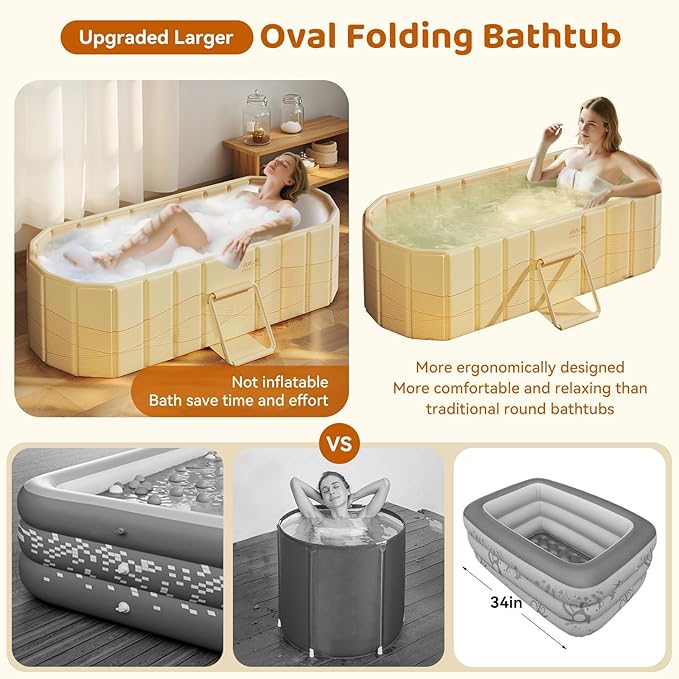 Portable Foldable Bathtub, Freestanding Bathtub No Installation, Bathroom SPA Soaking Bath Tub, Shower Stall Collapsible Hot & Ice Bath for Indoor Outdoor (Beige, 59"L x 21.6"W x 19.6"H)