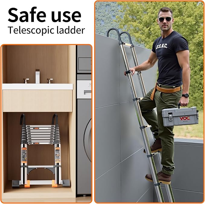 Telescoping Ladder,with Stable Hook and stabilizer barand,10.5 FT Extension Ladder, Heavy Duty 330lbs Max Capacity, Multi-Purpose Collapsible Ladder for RV or Outdoor Work (3.2M/10.5FT)