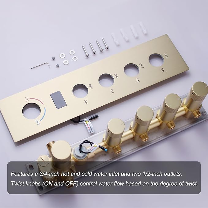 Brushed Gold Digital Display Shower System with 16X24 inch Ceiling Mounted Shower Head(Rain&Waterfall Modes), with Handheld Spray and 6 PCS Dual Modes Body Jet