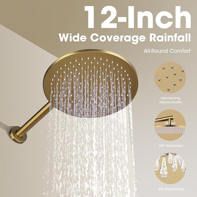 TRUSTMI 12-Inch Brushed Gold Shower System, Brass Wall Mounted Rainfall Shower Set (Contain Concealed Pressure Balance Rough-in Valve Body and Trim)
