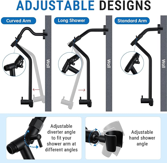 G-Promise All Metal Shower Diverter with Low Holder, Extended 13.5 Inch, 3-Way Diverter Valve with Pause Mode for Handheld and Fixed Shower Heads ∣ 4-Setting Replacement Part (Matte Black)