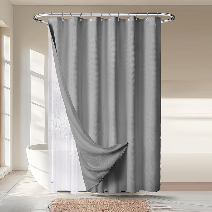 River Dream 3 in 1 Shower Curtain Set, Waffle Fabric Shower Curtain and Waterproof Clear Liner Set with Double Sided Metal Hooks, Grey, 72" W*78" H