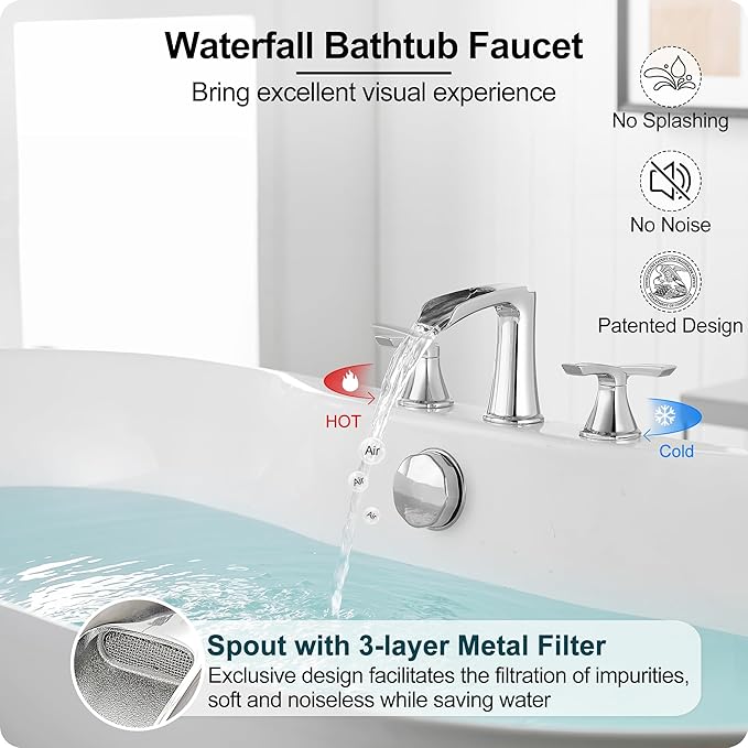 Widespread Waterfall Bathtub Faucet Set, Brass Chrome Roman Tub Faucet 3 Hole 8 Inch, 2 Handle Deck Mount with Supply Water Hoses for Garden Tub, Lifetime Use & 20 Mins Easy to Install