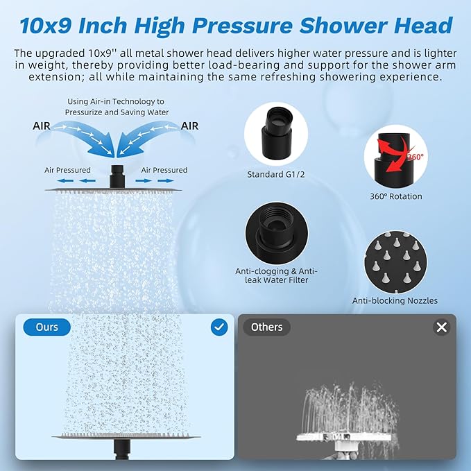 Hibbent cUPC Certified All Metal 10" Rainfall Showerhead Combo, High Pressure Shower Head with 10-Spray Mode Handheld, Innovative 4-way Diverter with Pause Mode, 71'' Shower Hose and Holder, Black