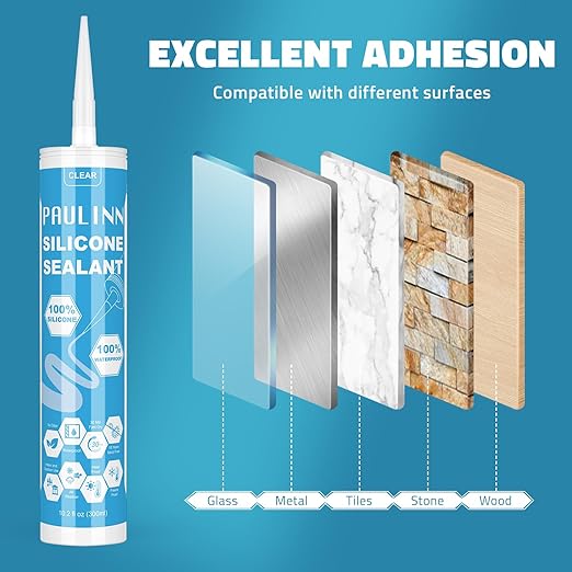 PAULINN Silicone Sealant, 100% Silicone Caulk Clear Waterproof for RV, Kitchen, Bath, General Use, Window, Door, Glass, Marine, 10.2 Oz, 4 Packs
