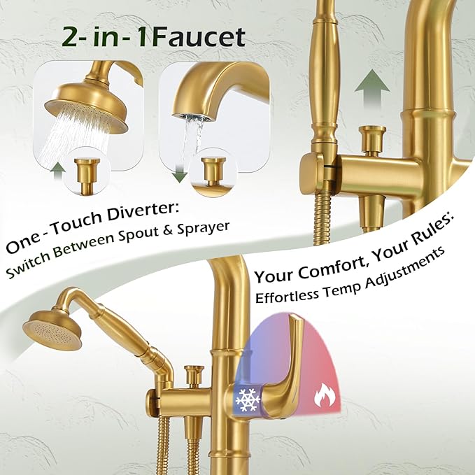 Luxury Free Standing Tub Faucet, Classic Brass Freestanding Bathtub Faucet, Lexdale Bathroom Floor Mount Tub Filler with handheld Sprayer Supply Lines Included Brushed Gold (LD8911-BG)