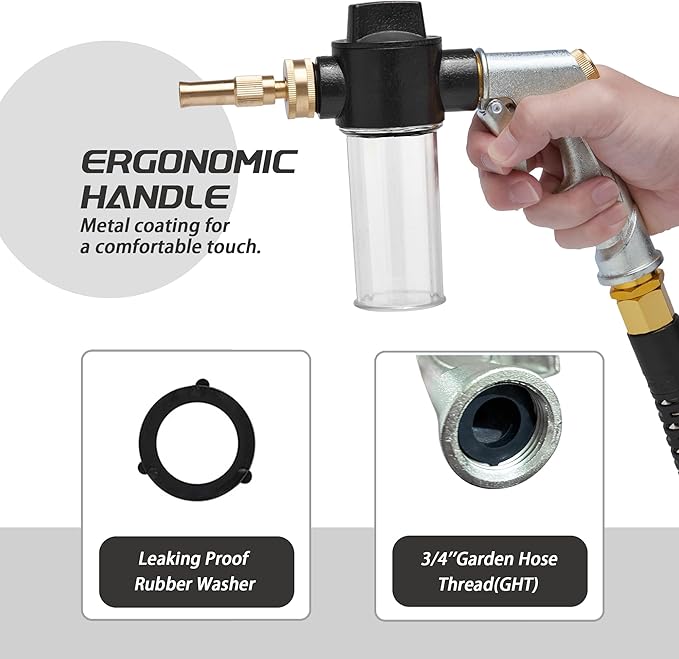 Garden Hose Nozzle Sprayer with 3.5oz Plastic Soap Dispenser Bottle, Heavy Duty High Pressure Car Wash Foam Gun, Adjustable Nozzle for Gardening, Solar Panel Cleaning, Pet Showering (Silver)