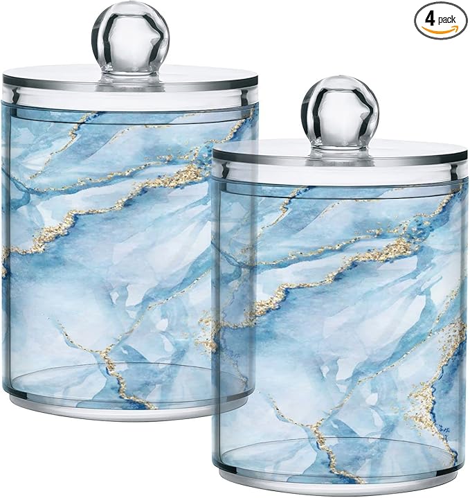MNSRUU 4 Pack Qtip Holder Organizer Dispenser Sky Blue Marble Bathroom Containers Bathroom Vanity Storage Canister Apothecary Jars for Cotton Swabs/Pads/Floss