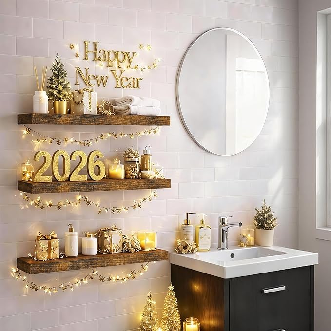 BAYKA Floating Shelves Bathroom for Wall – Shelf Over Toilet Farmhouse Rustic Wood for Bedroom, Kitchen, or Living Room Decor Organization Display Shelving – Rustic Brown, Set of 3