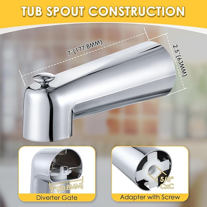 Enhon 7 Inch Slip on Tub Spout with Diverter, Compatible with Moen 3839/Moen 3853, Bathtub Diverter Spout Fits 1/2" Copper Water Tube(5/8" Diameter), 5/32" Hex Wrench (Polished Chrome,Classic)