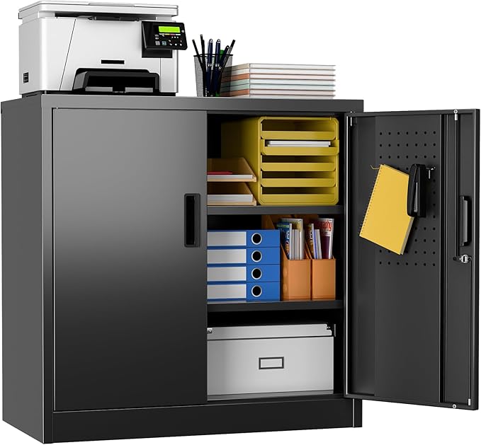 Aobabo 31.5" H Metal Storage Cabinet with 2 Shelves, Garage Storage Cabinet with Lock and 4 Hooks for Home Office Garage, Black, Assembly Required