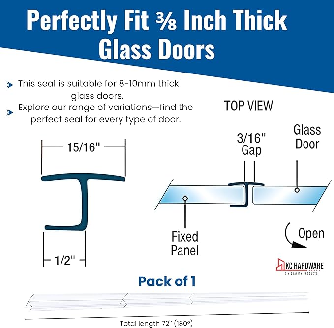 CBW Frameless Shower Door Side Seal Strip H-Type 180 Degree 72'' Length, Clear (1, 3/8'' Glass)