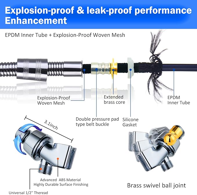 High Pressure Shower Heads, Handheld Turbo Fan Shower, Hydro Jet Shower Head with 79 Inch Hose,Bracket,Cotton Filters and Bath Loofah, One Key Pause Switch 360 Degrees Rotating (Blue with hose)