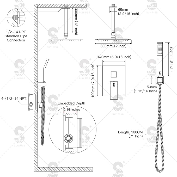 SR SUN RISE 12 Inch Ceiling Mount Brushed Nickel Shower System Bathroom Luxury Rain Mixer Shower Combo Set Ceiling Rainfall Shower Head System Faucet Trim Repair Kits with Rough-in Valve and Trim