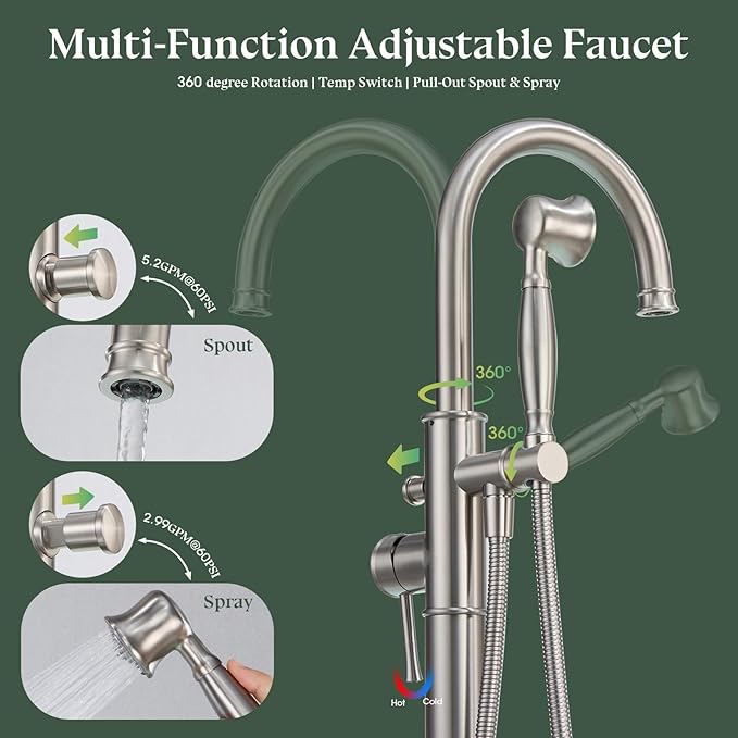 Free Standing Tub Faucet, Wintap Classic Freestanding Bathtub Faucet with Sprayer Brass Elegant Floor Mount Bath Faucets High Flow Roman Tub Filler, Brushed Nickel （WT-3311BN）