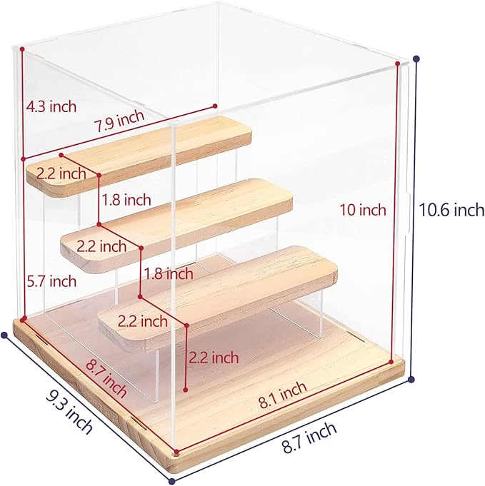 Choowin 4 Tier Small Clear Acrylic Display Case for Collectibles, Mini Figures, Pop Mart, Labubu, Sonny Angel, Smiski - Assemble Dustproof Acrylic Display Box with Door, Stand (Wood Base Step)