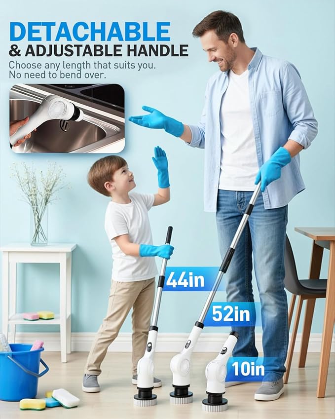 Electric Spin Scrubber, 3-Speed Cordless Shower Scrubber with 90° Adjustable & 10 Replaceable Brush Heads, 90 Mins Runtime & Full-Body IPX7 Waterproof Shower Cleaner Brush with Long Handle
