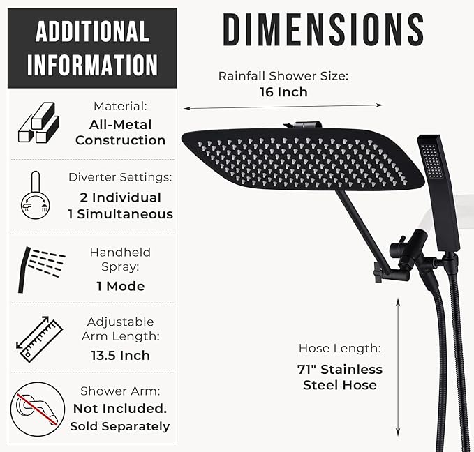 G-Promise All Metal 16 Inch Dual Square Shower Head with Handheld Spray Combo, Rain Shower Head, Adjustable Extension Arm, 3-Way Diverter, 71 Inch Extra Long Hose - A Bathroom Upgrade (Matte Black)