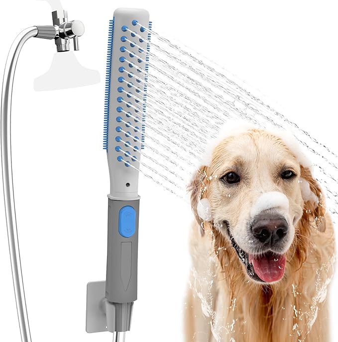 Dog Shower Attachment, Dog Washing Hose Attachment with Metal T-Diverter, Dog Bathing Supplies with 3 Spray Modes & One-Button ON/OFF Indoor and Outdoor Sprayer 8-Foot Hose