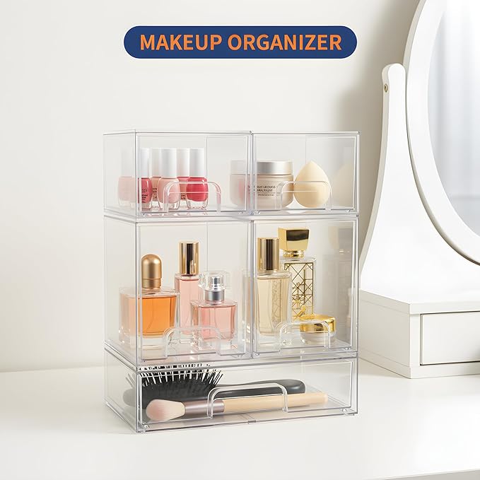 Stackable Storage Drawers Set of 5 Pack, Clear Bottles Organizer for Baby Bottle, Cosmetics, Acrylic Organizers and Storage for Bathroom,Vanity, Pantry, Cabinet, Kichen Countertop