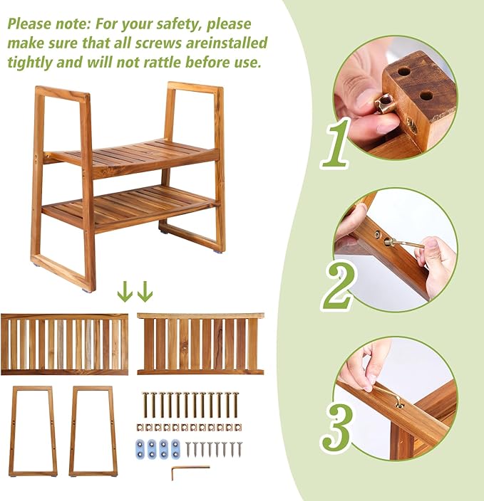 VVW Teak Shower Bench - Shower Seat with Arms Storage Shelf,26 Inch Teak Wood Shower/Wooden Bathroom 2-Tier Spa Bathing Stool/Waterproof,Shower Seat for Adults Elderly,Indoor and Outdoor Use