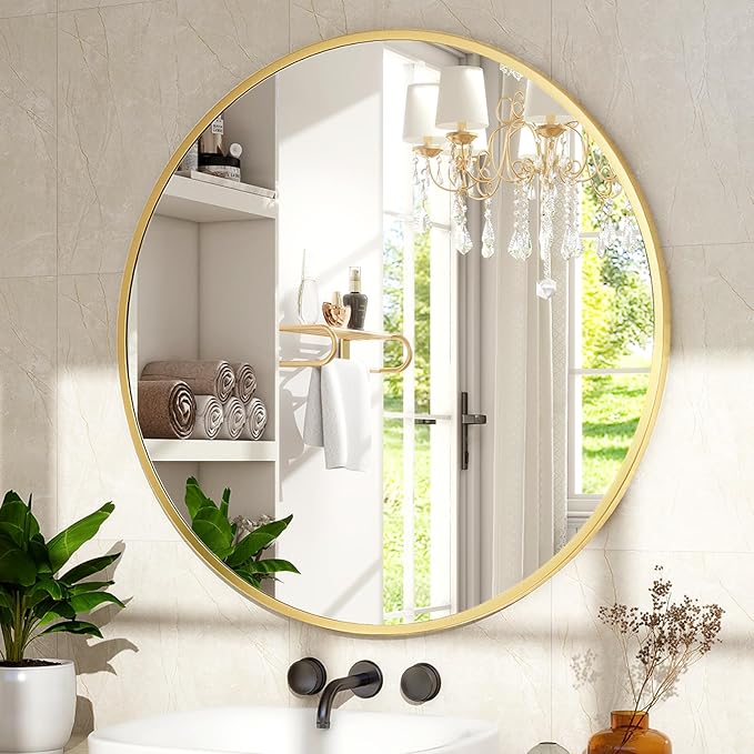 24 Inch Round Mirror - Circle Mirrors for Bathroom, Entryway and Living Room Wall Decor, Modern Hanging Vanity Mirror, Matte Gold Circle Decorative Wall Mirror