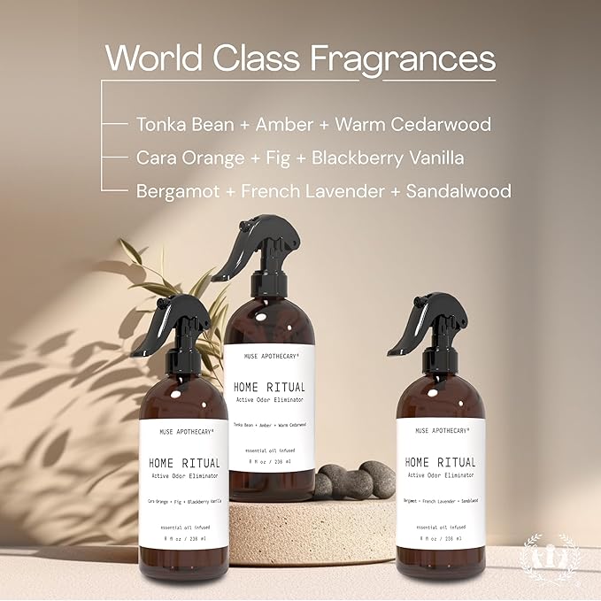 Muse Apothecary Home Ritual Active Odor Eliminator Spray - Furniture Deodorizer Spray & Bathroom Odor Eliminator for Home - Essential Oil Air Freshener - 8oz, Bergamot + French Lavender + Sandalwood 2