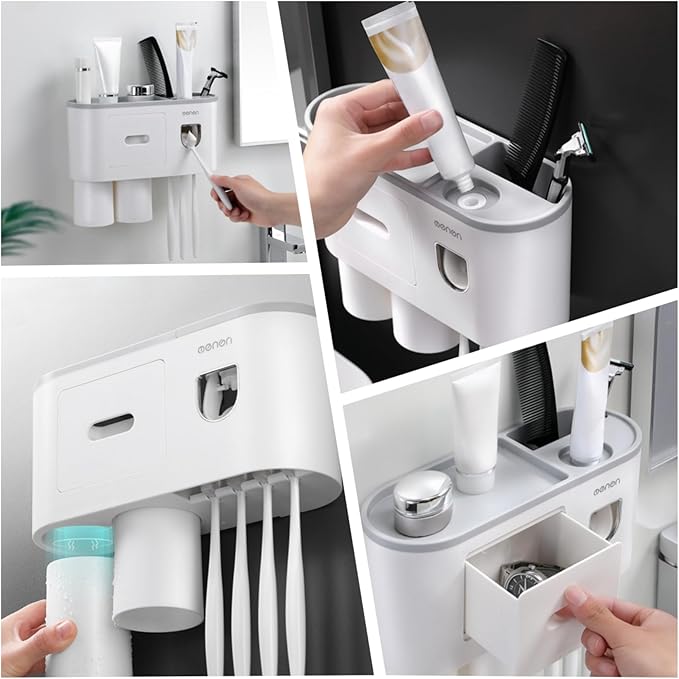 No-Drill Wall Mounted Toothbrush Holder, Bathroom Shelf, with Automatic Toothpaste Dispensers 4 Brush Hooks 4 Magnetic Cups 1 Cosmetic Drawer Organizer and Large Storage (1 Dispenser 4 Cups)