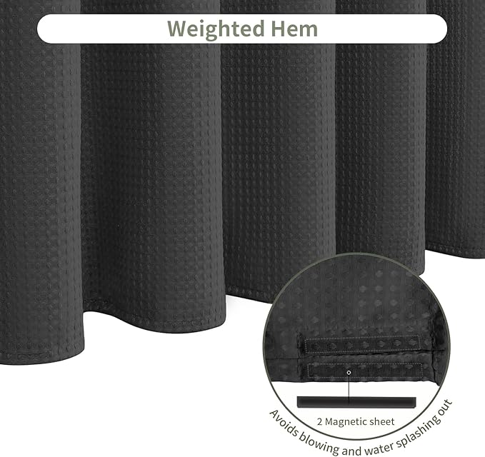 Inhousolu Fabric Shower Curtain Waffle Weave, 230 GSM Heavy Duty, Weighted Hem, 12 Metal Hooks, Water Repellent, Machine Washable, Hotel Spa Luxury Bath Curtain Set, 60 x 72 Inch, Black