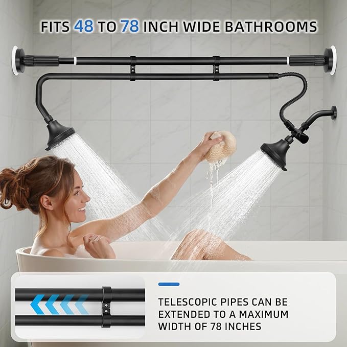 Tandem Shower Heads, Double Shower Head for Couples, Dual Shower Head System for Two People, High Pressure and Adjustable Double Shower Heads (Black)