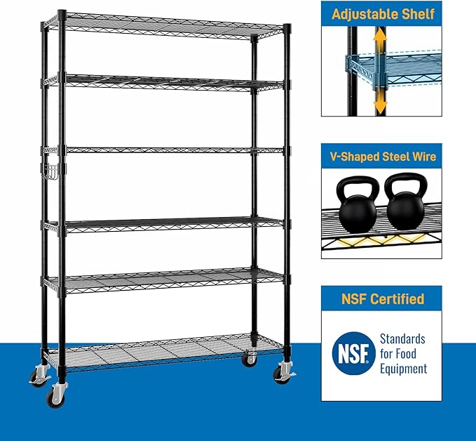 6 Tier Storage Racks Shelving, Heavy Steel Pantry Shelves, Adjustable Wire Shelving Rack with Wheels, Suitable for Garage, Kitchens, Bathroom, Offices, 46" W x 17.7" D x 82" H, Black