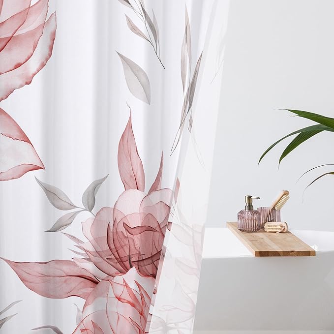 Small Stall Boho Watercolor Floral Shower Curtain 36 x 72, Red and Grey Ink Painting Style Flower Shower Curtains for Chic Elegant Bathroom, Artistic Narrow Half Size Shower Curtain
