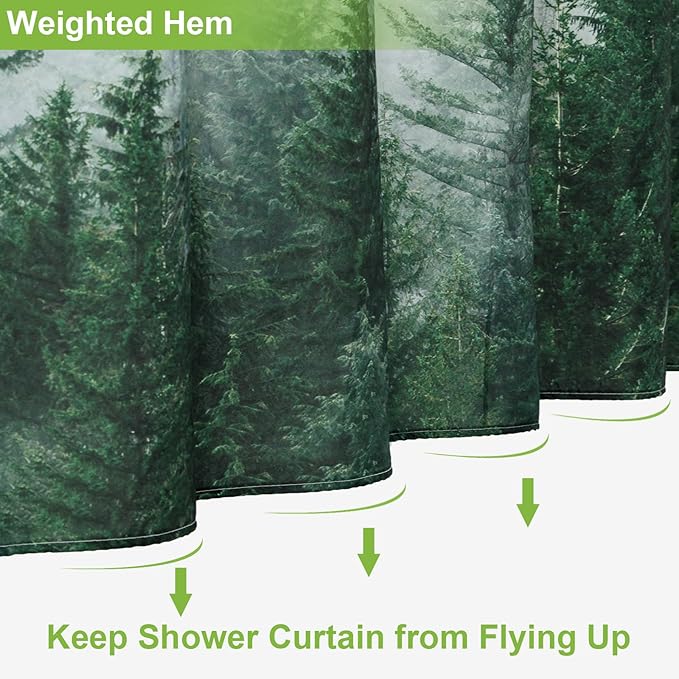 ORTIGIA Green Shower Curtain for Bathroom Misty Forest Pattern, Nature Woodland Artistic Shower Curtain Set with Metal Hooks, Waterproof Weighted Pine Tree Fog Bath Curtain, 72x72