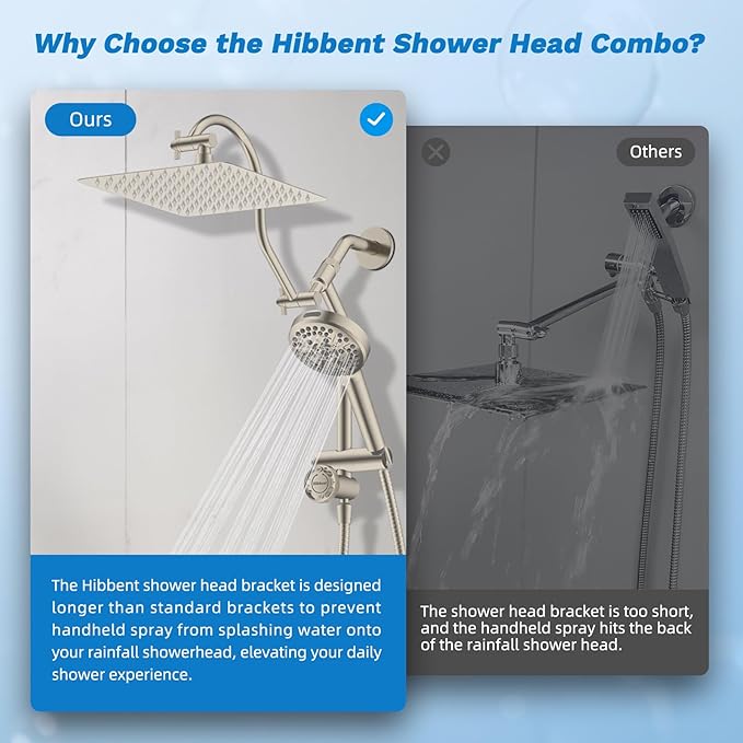 Hibbent cUPC Certified All Metal 10" Rainfall Showerhead Combo, High Pressure Shower Head with 10 Spray Handheld, Innovative 4-way Diverter with Pause Mode, 71'' Shower Hose and Holder, Brushed Nickel