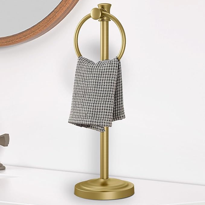 Hoimpro 17 Inch Stand Hand Towel Holder Towel Bar Towel Hanging Ring, Free Standing Floor Hand Towel Rack Storage for Bathroom Kitchen Vanity Countertops, Hardware Accessories(Brushed Gold)