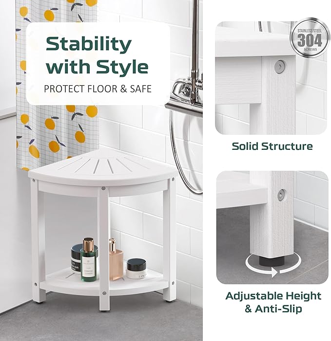 Waterproof Corner Shower Stool for Inside Shower, Poly Lumber Shower Bench Seat Chair, Bath Shower Stool for Shaving Legs Foot Rest with Storage Shelf, Adjustable & Non-Slip Feet, White