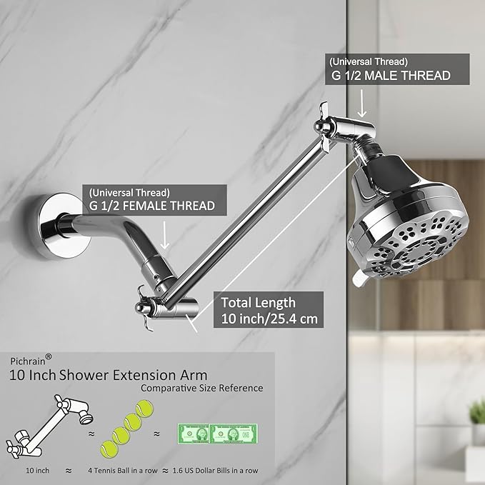 Adjustable Shower Head Extension Arm, All Metal Shower Head Extender with Locking Nut, G1/2 Universal Connector for Fixed/Rain/Handheld Showerheads, Easy Installation (Chrome, 10 Inch)