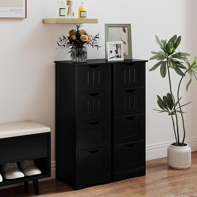 Tangkula Bathroom Floor Cabinet, Freestanding Narrow Side Storage Organizer with 4 Drawers, Multifunctional Towel Cabinet with Anti-Tip Kit for Living Room Laundry Entryway (4 Drawers, Black)