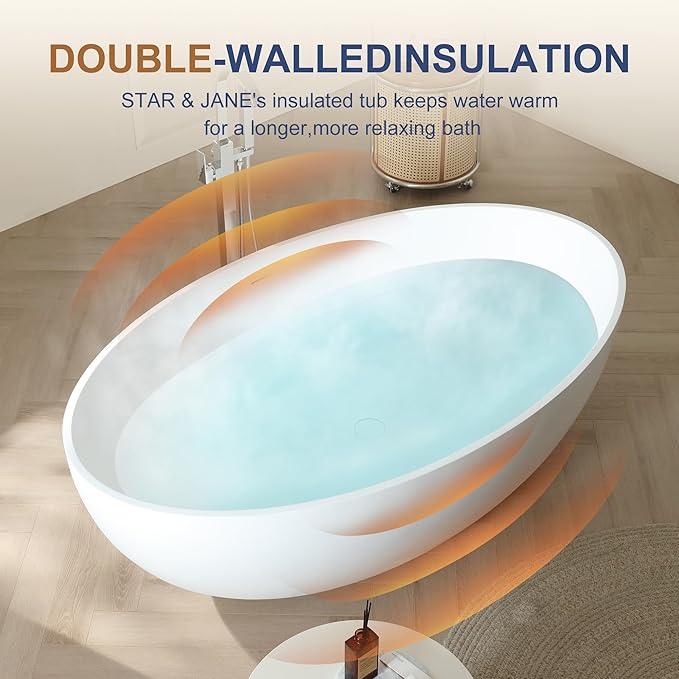 SJ STAR&JANE 67" x 39" Matte White Solid Surface Freestanding Bathtub, Oval Soaking Extra Wide Tub with Overflow and Pop-up Drain for Bathroom