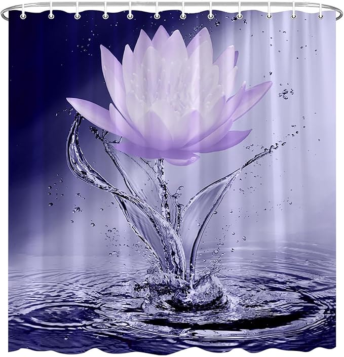 Lotus Shower Curtain Black White Violet Flower Elegant Blooming Floral with Dew Spring Flower Reflection on Water Modern Romantic Polyester Fabric Bathroom Decor 70×78 Inch with Hook