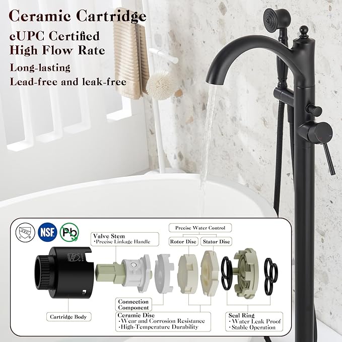 Freestanding Bathtub Faucet, Matte Black Classic Free Standing Tub Faucet with Vintage Handheld Sprayer High Flow Max 7.04GPM Floor Mounted Tub Filler (WT-9002BK)