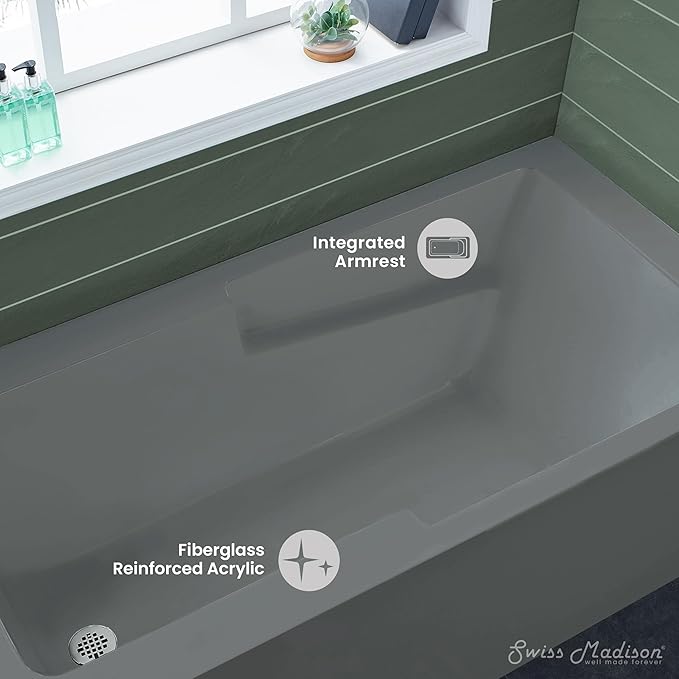 Voltaire 60" x 32" Left-Hand Drain Alcove Bathtub with Apron and Armrest in Matte Grey